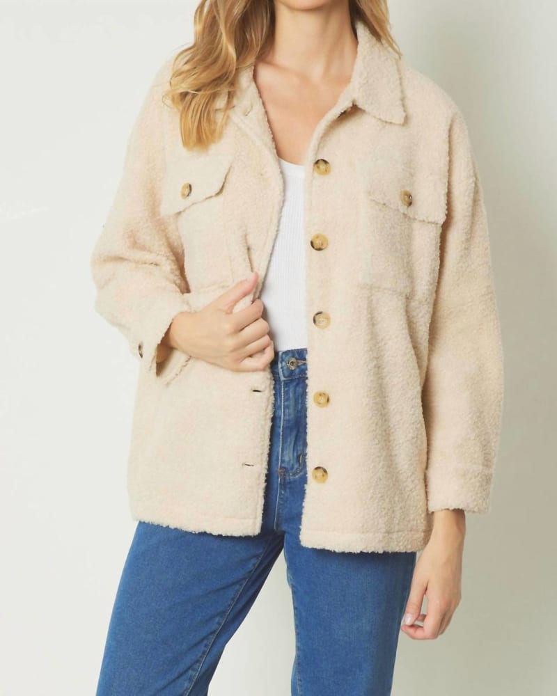 Front of a model wearing a size L Annalise Teddy Jacket in Ecru in Ecru by entro. | dia_product_style_image_id:325854